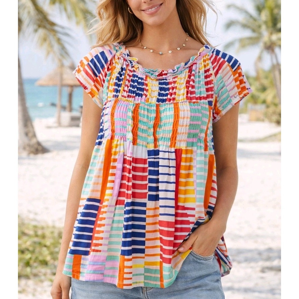 THML Women's Colorful Smocked Blouse Size S Cotton Boho Peasant Top